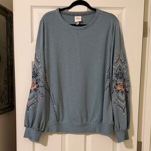 Knox Rose Teal Floral Embroidered Sweater Women’s Size XXL